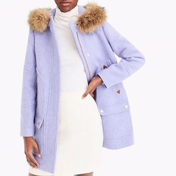 New J Crew Womens 00 Light Purple Chateau Stadium Cloth Parka Faux Fur Trim Wool - Picture 7 of 8